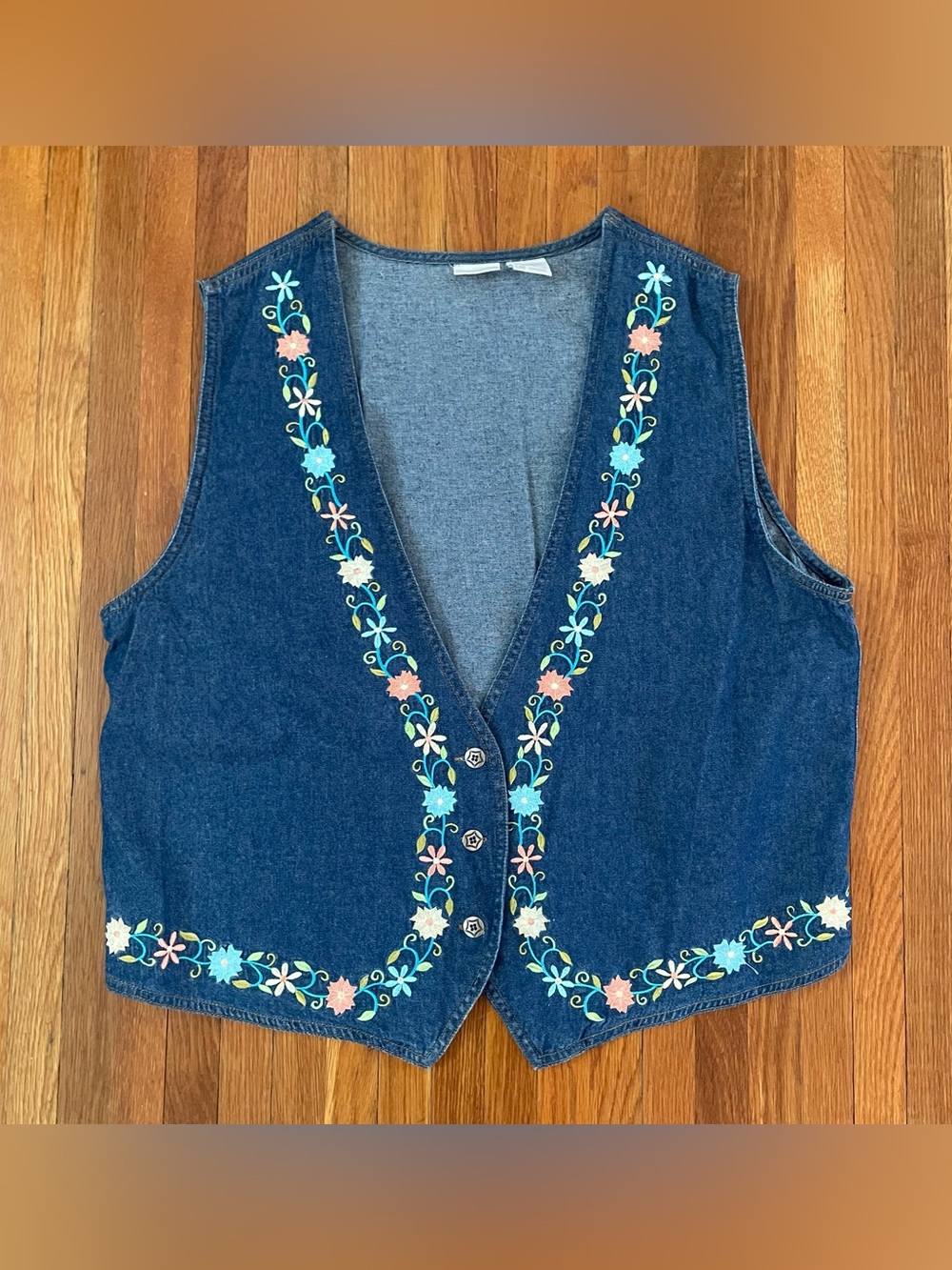 Vintage Cottagecore Floral Denim Embroidered V-Neck Vest - Blue